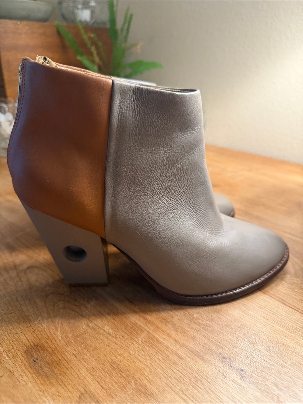 Two-Tone Leather Block Heel Ankle Boots - Taupe & Cognac